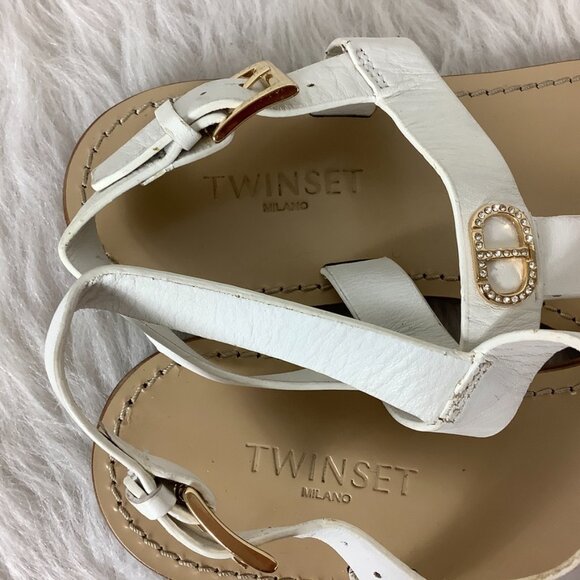 Twinset White Leather Gold Tone & Crystal Logo Flat Sandals 39 - Picture 5 of 6